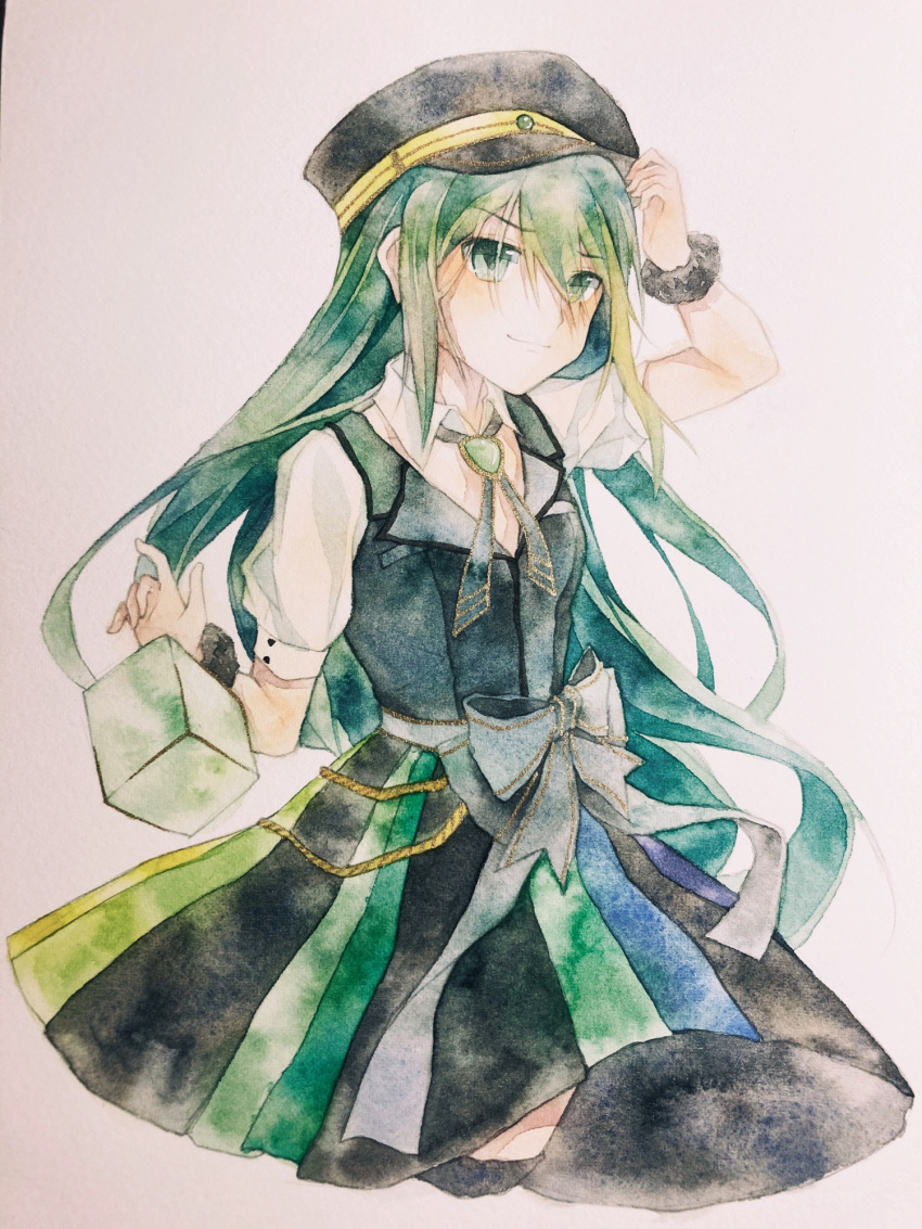 1girl, alina_gray, black_ribbon, black_vest, closed_mouth, collared_shirt, eyebrows_visible_through_hair, fur_armlet