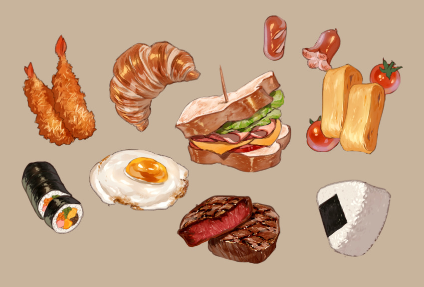 beige_background, bread, bread_slice, croissant, egg, food, food_focus, fried_egg