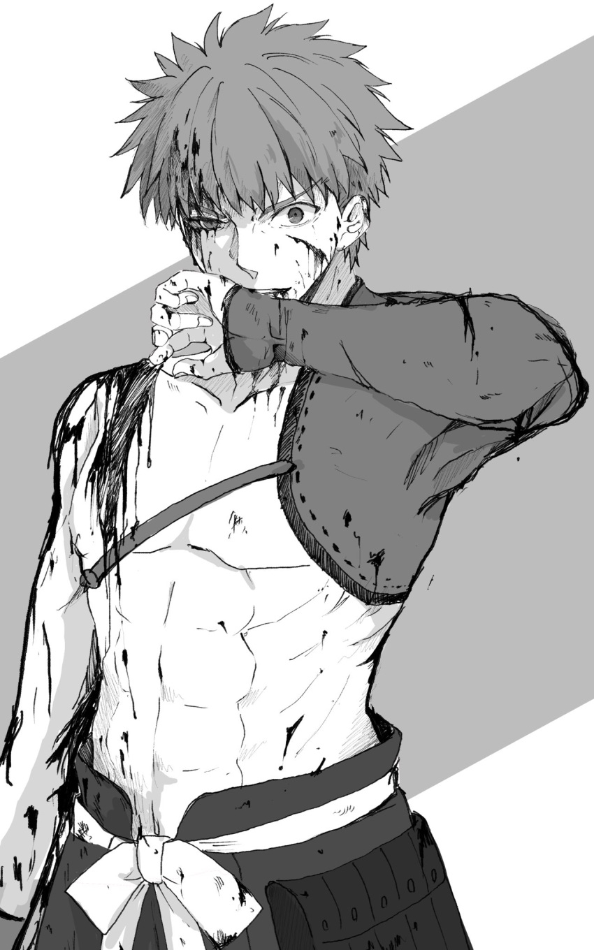 1boy, bleeding, blood, blood_on_arm, blood_on_face, blood_splatter, bloody_clothes, bloody_hair, cuts, emiya_shirou, fate/grand_order, fate_(series), greyscale, highres, igote, injury, limited/zero_over, looking_at_viewer, male_focus, mct, monochrome, sengo_muramasa_(fate), solo, toned, toned_male, upper_body