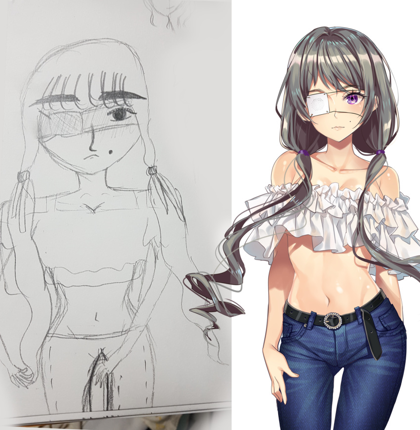 1girl, bare_shoulders, belt, black_belt, blue_pants, collarbone, cowboy_shot, crop_top