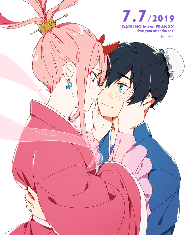 1boy, 1girl, alternate_costume, alternate_hairstyle, anniversary, bangs, black_hair, blue_eyes, blue_kimono, blush, closed_mouth, commentary_request, copyright_name, couple, darling_in_the_franxx, dated, ear_piercing, earrings, english_text, eye_contact, eyebrows_visible_through_hair, face-to-face, from_side, green_eyes, hair_between_eyes, hair_bun, hair_ornament, hair_ornament_request, hands_on_another's_cheeks, hands_on_another's_face, hetero, hiro_(darling_in_the_franxx), horns, hug, imminent_kiss, japanese_clothes, jewelry, kimono, long_hair, long_sleeves, looking_at_another, one_eye_closed, oni_horns, pale_skin, piercing, pink_hair, pink_kimono, red_horns, sidelocks, simple_background, smile, star_(symbol), star_earrings, tearing_up, toma_(norishio), twitter_username, upper_body, white_background, wide_sleeves, zero_two_(darling_in_the_franxx)