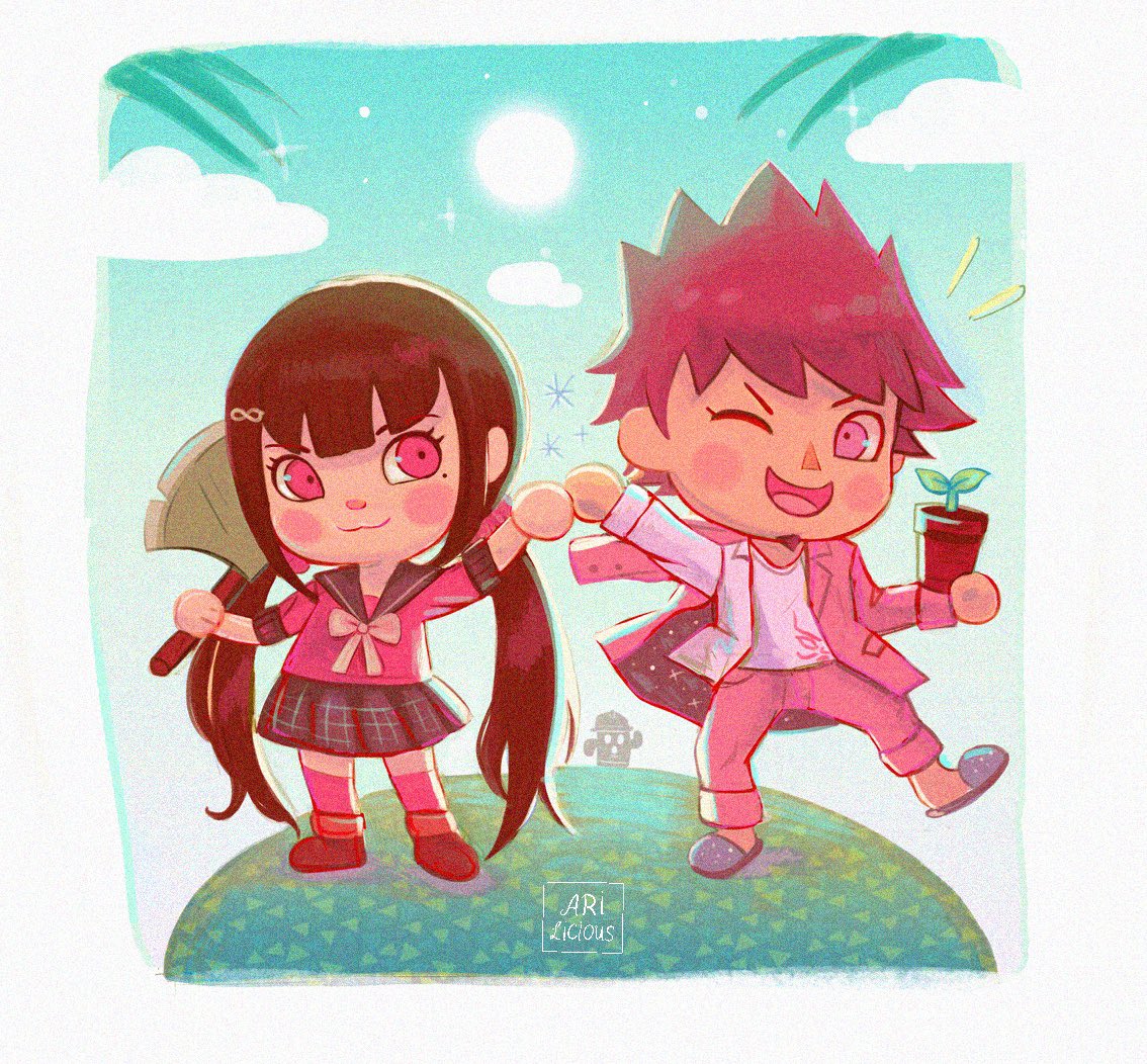 1boy, 1girl, :d, animal_crossing, artist_name, axe, bangs, black_hair, black_skirt, blush_stickers, border, brown_footwear, commentary, dangan_ronpa_(series), dangan_ronpa_v3:_killing_harmony, facial_hair, goatee, gyroid_(animal_crossing), happy, harukawa_maki, holding, holding_axe, jacket, long_hair, looking_at_viewer, missarilicious, mole, mole_under_eye, momota_kaito, one_eye_closed, open_mouth, palm_tree, pants, parody, pink_jacket, pink_pants, plant, potted_plant, red_legwear, school_uniform, shoes, skirt, smile, style_parody, sun, thigh-highs, tongue, tongue_out, tree, twintails, white_border