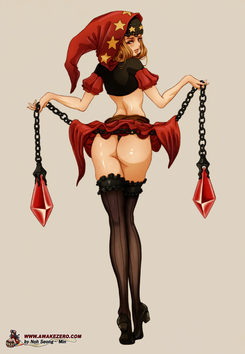 1girl, artist_name, ass, bare_arms, black_eyes, black_footwear, black_legwear, black_panties