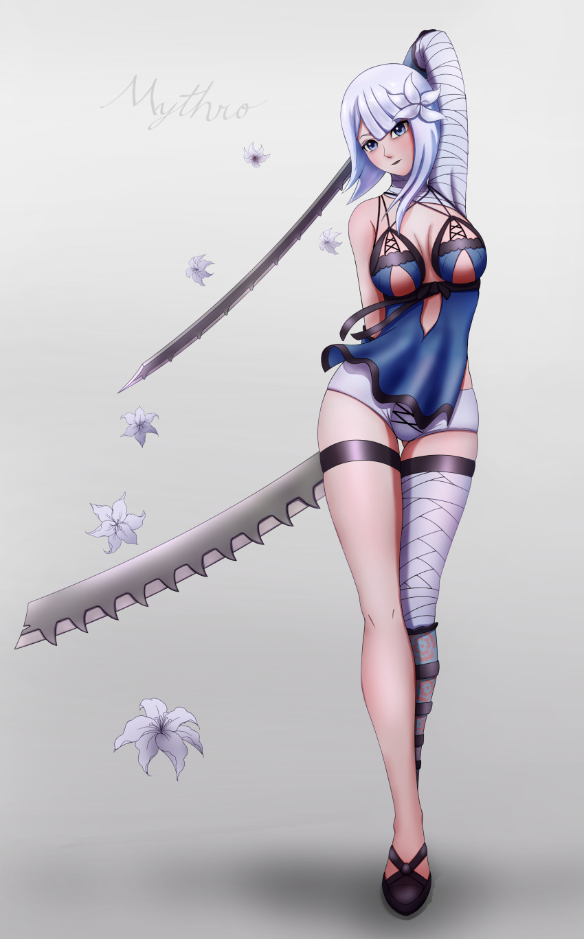 1girl, artist_name, bandaged_leg, bandaged_neck, bandages, bangs, bare_shoulders, breasts