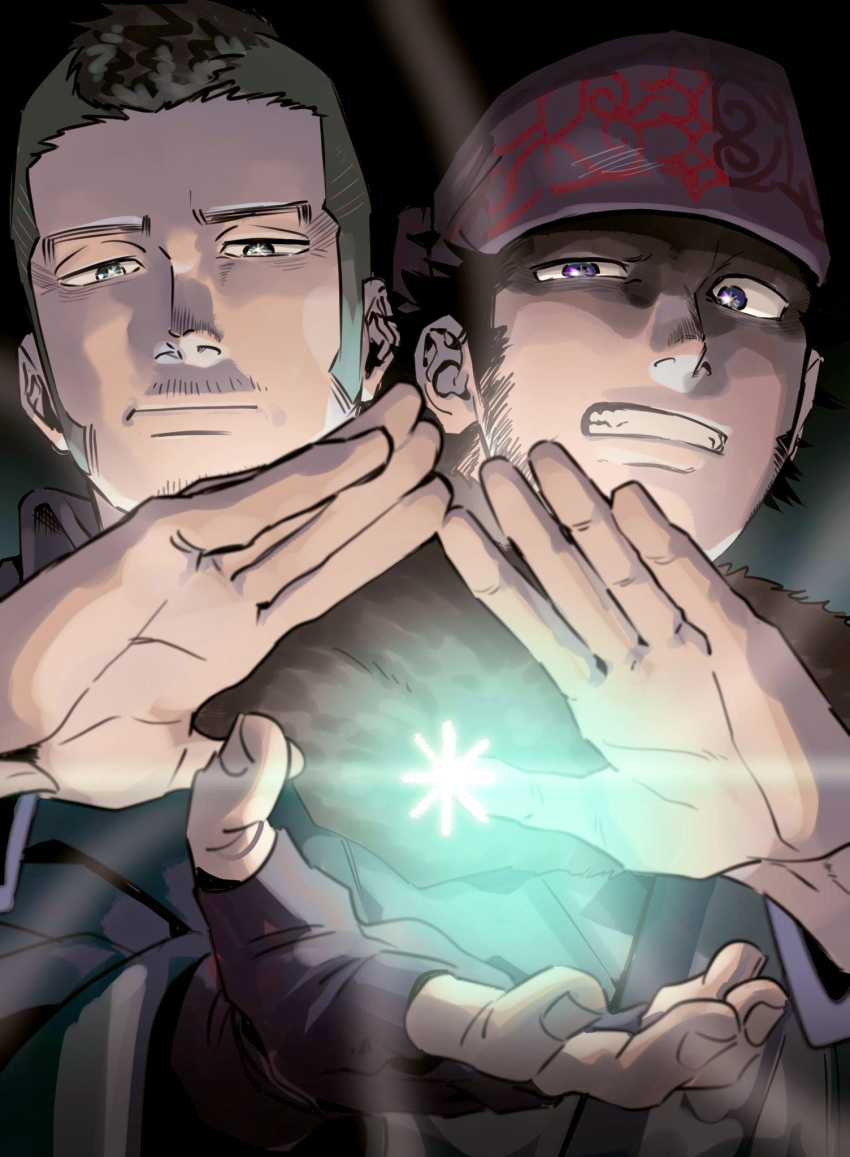 2boys, ainu_clothes, black_eyes, black_hair, couple, facial_hair, floating, floating_object
