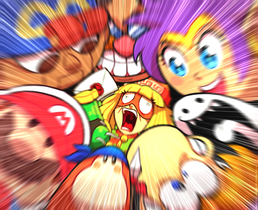 arms_(game), bandana_waddle_dee, bangs, beanie, blonde_hair, blue_eyes, blue_headwear, blunt_bangs