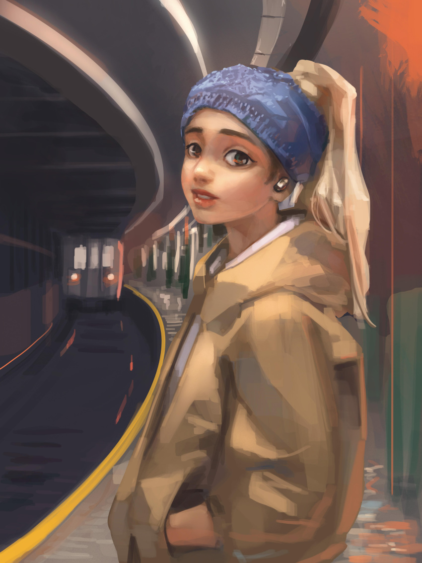 1girl, absurdres, blonde_hair, blue_bandana, brown_eyes, contemporary, earphones, earphones