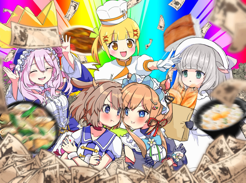 .live, 5girls, animal_ears, basket, blue_eyes, blurry_foreground, bread, brown_hair