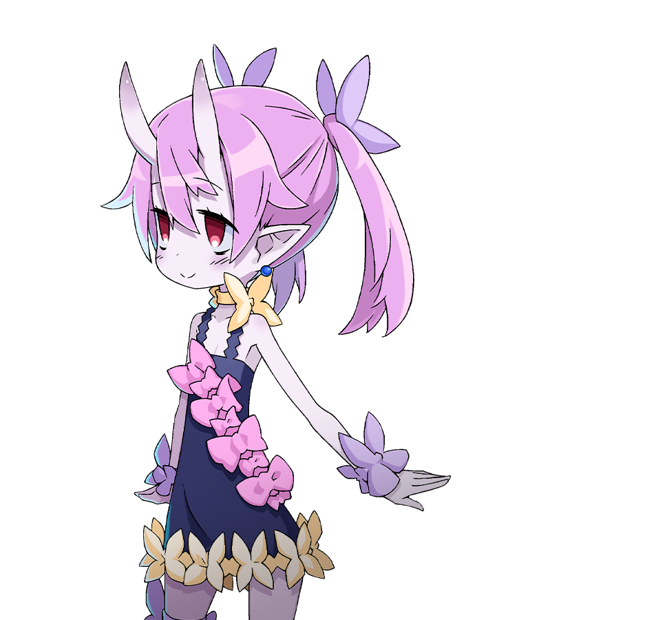 1girl, bieko_(disgaea), bow, choker, closed_mouth, colored_skin, cowboy_shot, disgaea