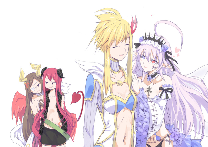 4girls, angel_and_devil, angel_wings, fallen_angel, heart, heart_tail, jealous, multiple_girls
