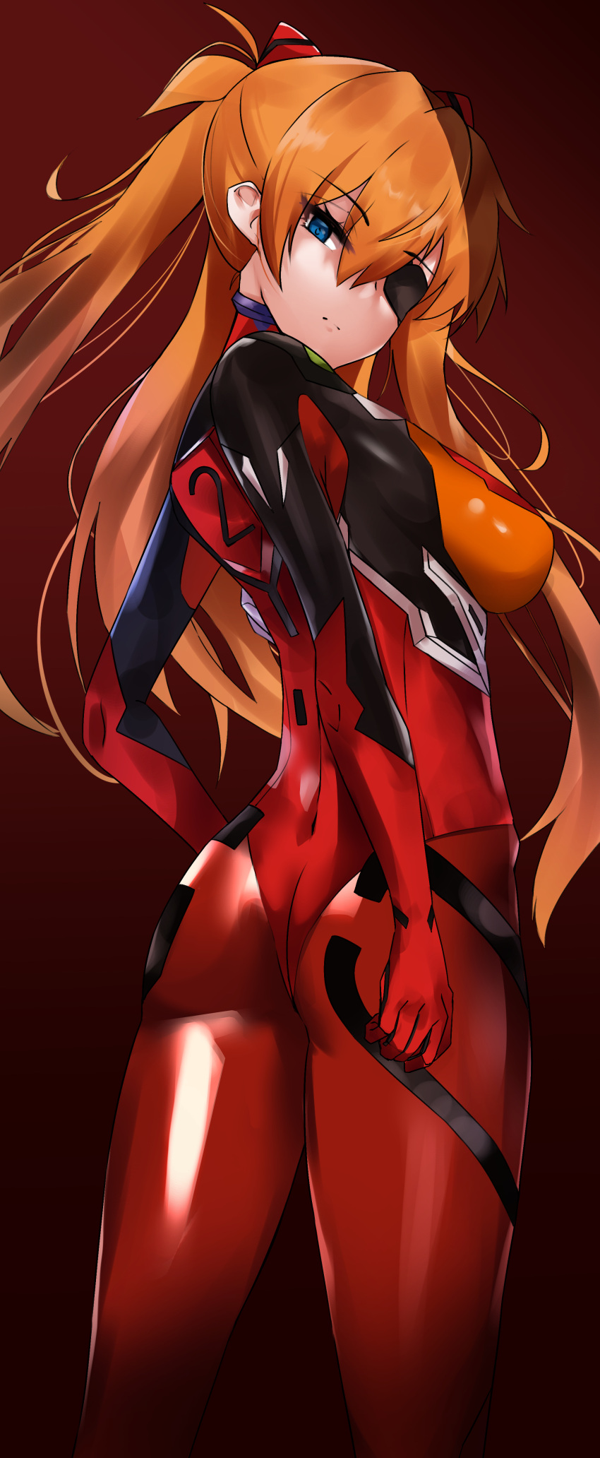 1girl, absurdres, ass, bangs, blue_eyes, bodysuit, breasts, expressionless