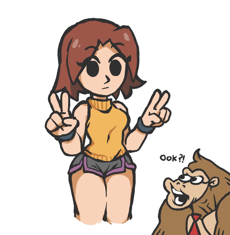 1boy, 1girl, bangs, black_eyes, breasts, brown_hair, closed_mouth, commentary, covered_navel, cropped_legs, dolphin_shorts, donkey_kong, donkey_kong_country, double_v, english_commentary, eyebrows_visible_through_hair, grey_shorts, gummuru, looking_at_another, looking_at_viewer, medium_breasts, mii_(nintendo), mii_gunner, necktie, orange_sweater, parted_bangs, raised_eyebrows, red_neckwear, short_hair, short_shorts, shorts, simple_background, sleeveless, sleeveless_turtleneck, super_smash_bros., sweater, thighs, turtleneck, turtleneck_sweater, v, white_background, wristband