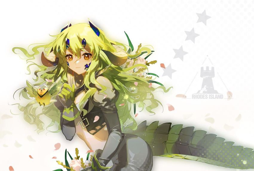 1girl, arknights, bird, brown_eyes, crocodilian_tail, cropped_jacket, estelle_(arknights), flower