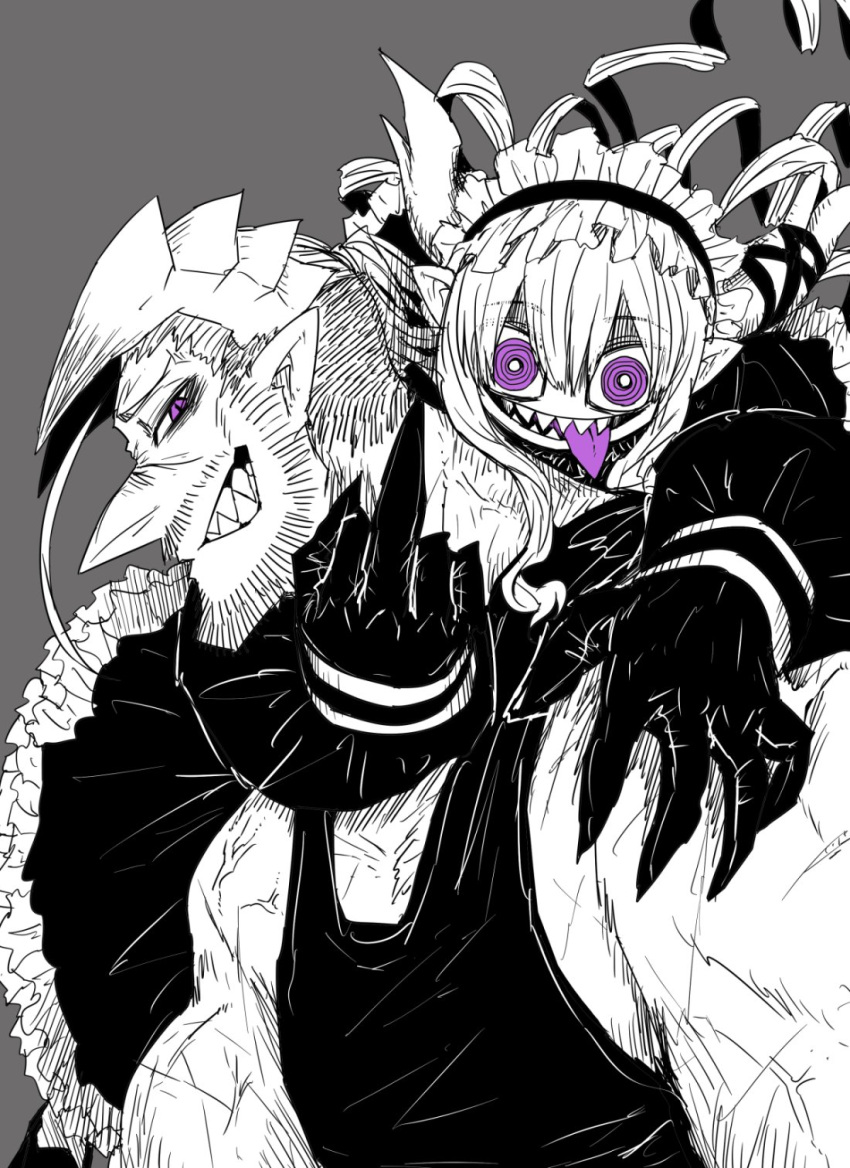 1boy, 1girl, black_gloves, black_tank_top, demon_boy, demon_girl, demon_horns, drake_(mazohaha)
