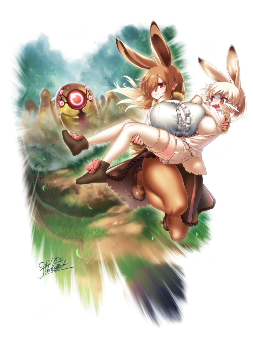 2girls, :3, animal_ears, black_footwear, blonde_hair, blush, boot_bow, boots