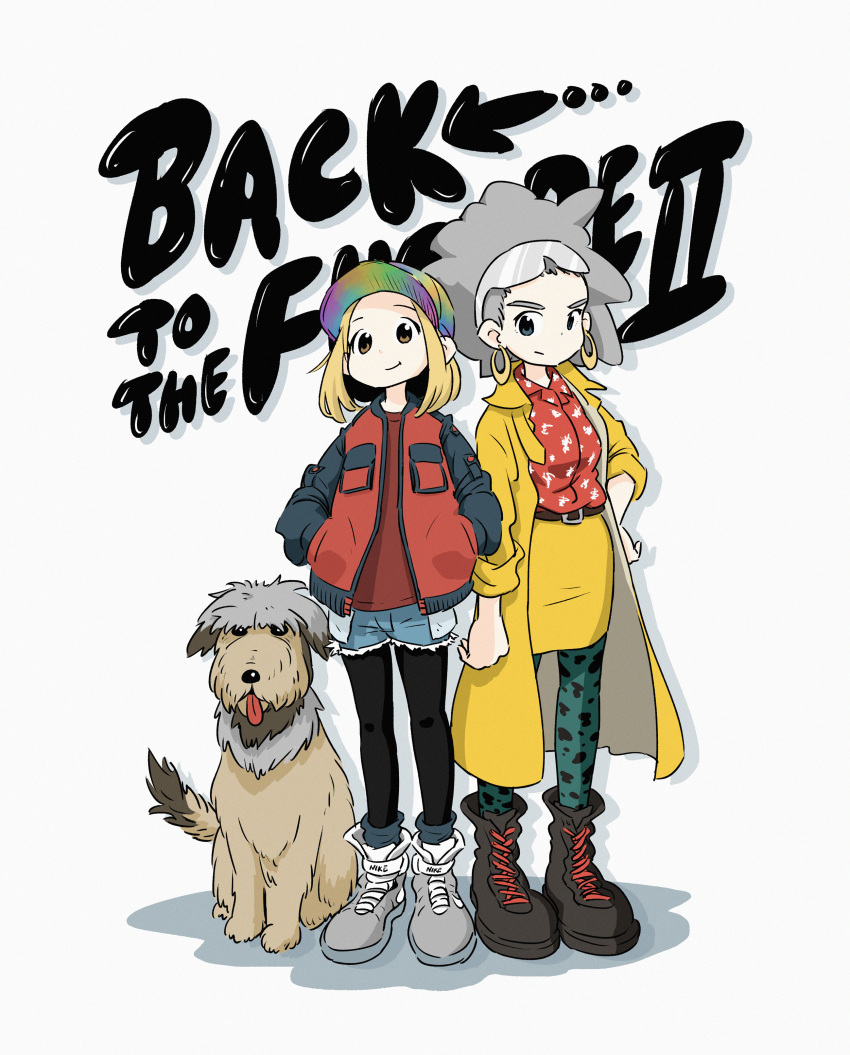 2girls, absurdres, animal, arm_at_side, back_to_the_future, belt, black_footwear, black_legwear
