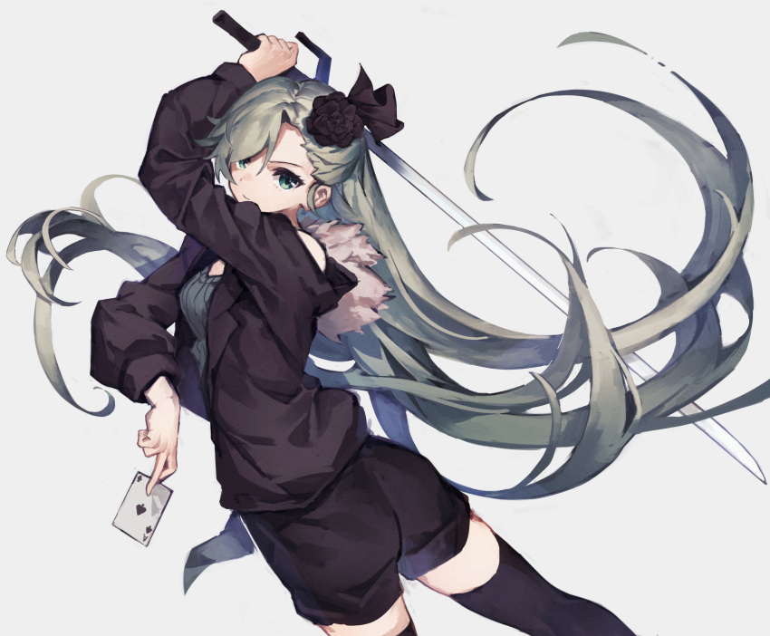 1girl, absurdres, ace_of_spades, arm_up, between_fingers, black_jacket, black_legwear, black_shorts