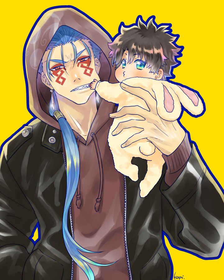 2boys, afglo, age_regression, alternate_costume, angry, animal_costume, baby, black_hair, blue_hair, bunny_costume, closed_mouth, contemporary, cosplay, cu_chulainn_(fate)_(all), cu_chulainn_alter_(fate/grand_order), dark_persona, earrings, facepaint, fate/grand_order, fate_(series), fujimaru_ritsuka_(male), green_eyes, holding_another, hood, hood_up, hoodie, jacket, jewelry, kigurumi, leather, leather_jacket, long_sleeves, male_focus, multiple_boys, pinching, ponytail, red_eyes, sharp_teeth, short_hair, teeth, type-moon, yellow_background, younger