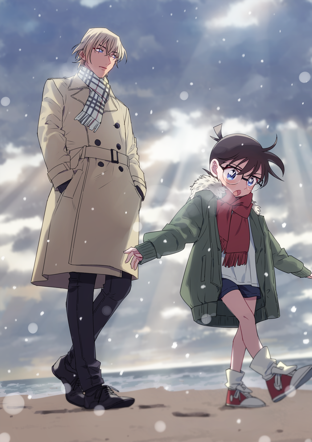 2boys, amuro_tooru, bangs, beach, black-framed_eyewear, black_footwear, black_pants, blonde_hair