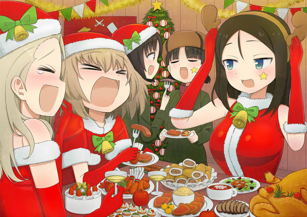 >_<, 5girls, :d, adjusting_clothes, adjusting_headwear, alina_(girls_und_panzer), antlers, apple