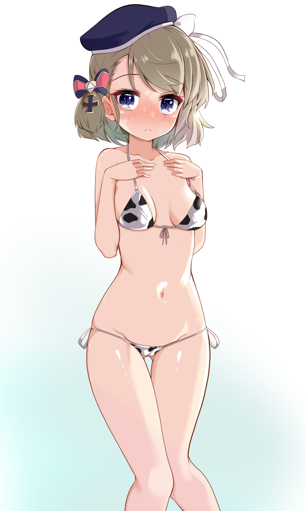 1girl, animal_print, azur_lane, bangs, bare_arms, bare_shoulders, beret, bikini, black_headwear, blue_background, blue_eyes, blush, bow, breasts, brown_hair, closed_mouth, collarbone, commentary_request, cow_print, eyebrows_visible_through_hair, front-tie_bikini, front-tie_top, gradient, gradient_background, groin, hair_bow, hands_up, hat, highres, medium_breasts, navel, print_bikini, short_hair, side-tie_bikini, solo, sweat, swimsuit, takara_akihito, thigh_gap, tilted_headwear, white_background, white_bikini, z23_(azur_lane)