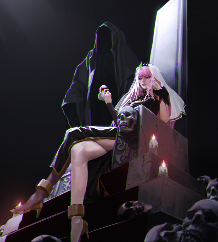 1girl, absurdres, asymmetrical_legwear, black_dress, candle, collar, crossed_legs, cup, death_(entity), deuljjugnaljjug, dress, high_heels, highres, holding, holding_cup, hololive, hololive_english, long_hair, looking_at_viewer, mori_calliope, pink_hair, red_eyes, sitting, skull, spiked_collar, spikes, throne, tiara, veil, virtual_youtuber