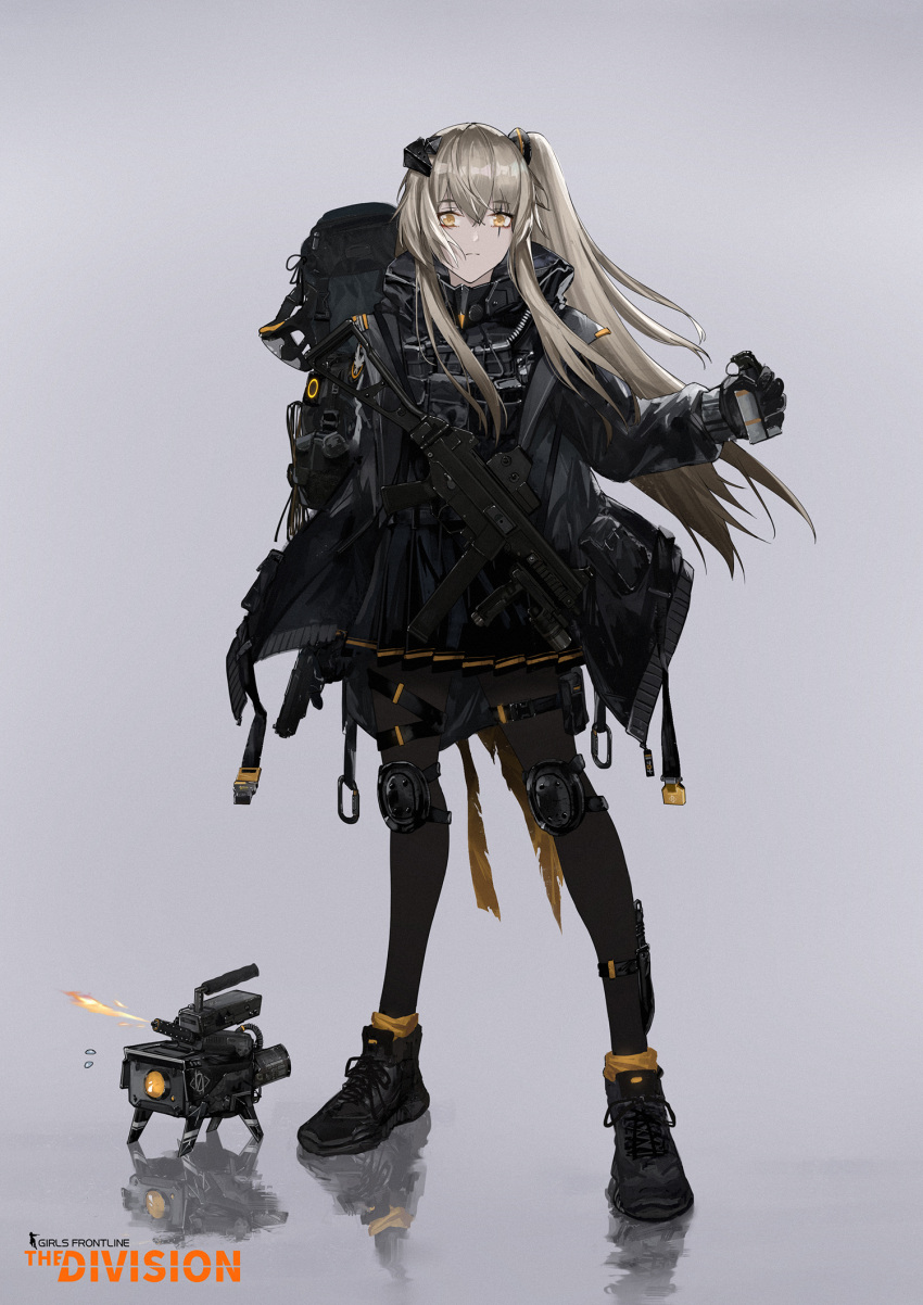 1girl, 404_logo_(girls_frontline), bangs, black_gloves, black_jacket, black_skirt, brown_hair, carabiner