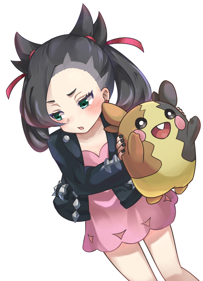 1girl, bangs, black_hair, black_jacket, black_nails, blush, commentary_request, dress