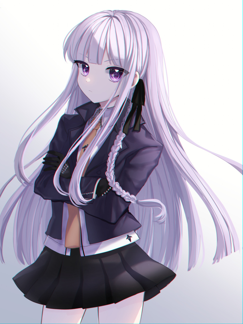 1girl, absurdres, bangs, black_gloves, black_jacket, black_ribbon, black_skirt, blunt_bangs