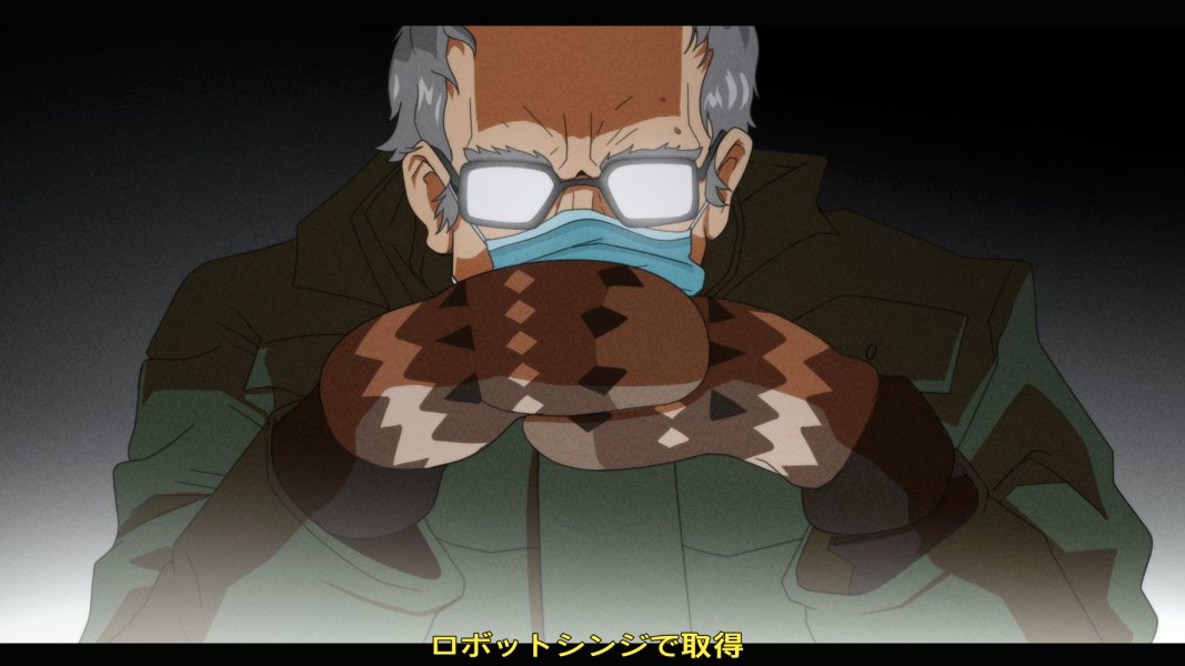 1boy, bernie_sanders, coat, commentary, english_commentary, gendou_pose, glasses, gradient, gradient_background, grey_hair, hands_clasped, letterboxed, male_focus, mask, meme, mittens, mouth_mask, neon_genesis_evangelion, old, old_man, opaque_glasses, own_hands_together, parody, real_life, solo, surgical_mask, translated, upper_body, winter_clothes, winter_coat, yung_khan