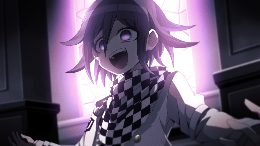 1boy, bangs, checkered, checkered_neckwear, checkered_scarf, dangan_ronpa_(series), dangan_ronpa_v3:_killing_harmony, eyebrows_visible_through_hair, hair_between_eyes, highres, indoors, long_sleeves, male_focus, murji1996, open_clothes, ouma_kokichi, purple_hair, scarf, solo, straitjacket, upper_body, violet_eyes, window