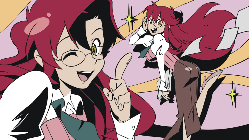 cutie_honey, glasses, highres, long_hair, necktie, parody, red_hair, redhead