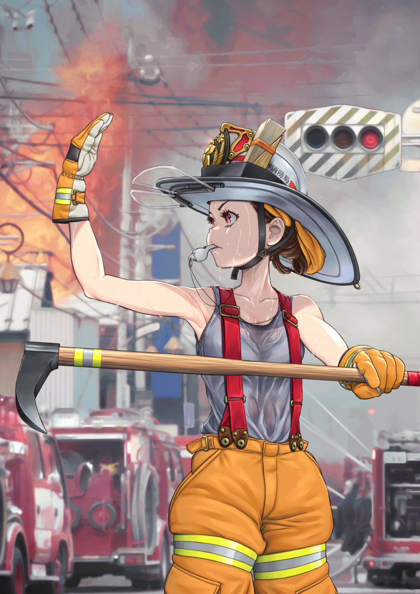 1girl, brown_hair, firefighter, firetruck, gloves, hot, red_eyes, see-through