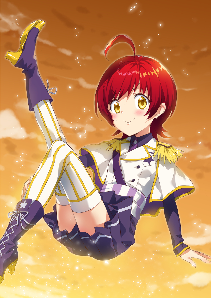 1girl, ahoge, bangs, black_footwear, blush, boots, breasts, capelet