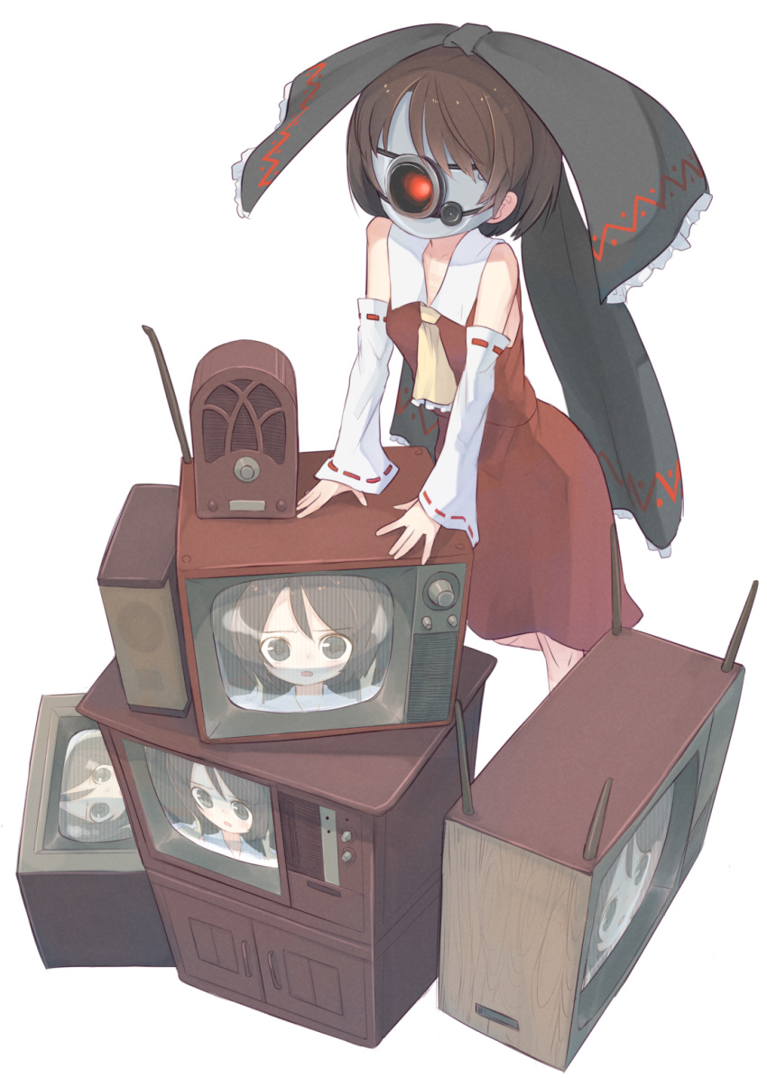 1girl, android, bangs, black_bow, black_eyes, blush, bow, brown_hair