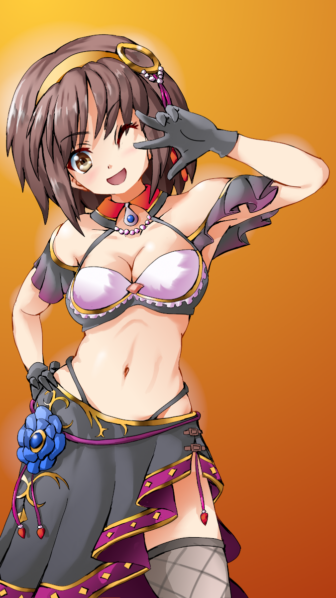 battle_girl_high_school, black_gloves, breasts, brown_eyes, brown_hair, cosplay, gloves, halloween