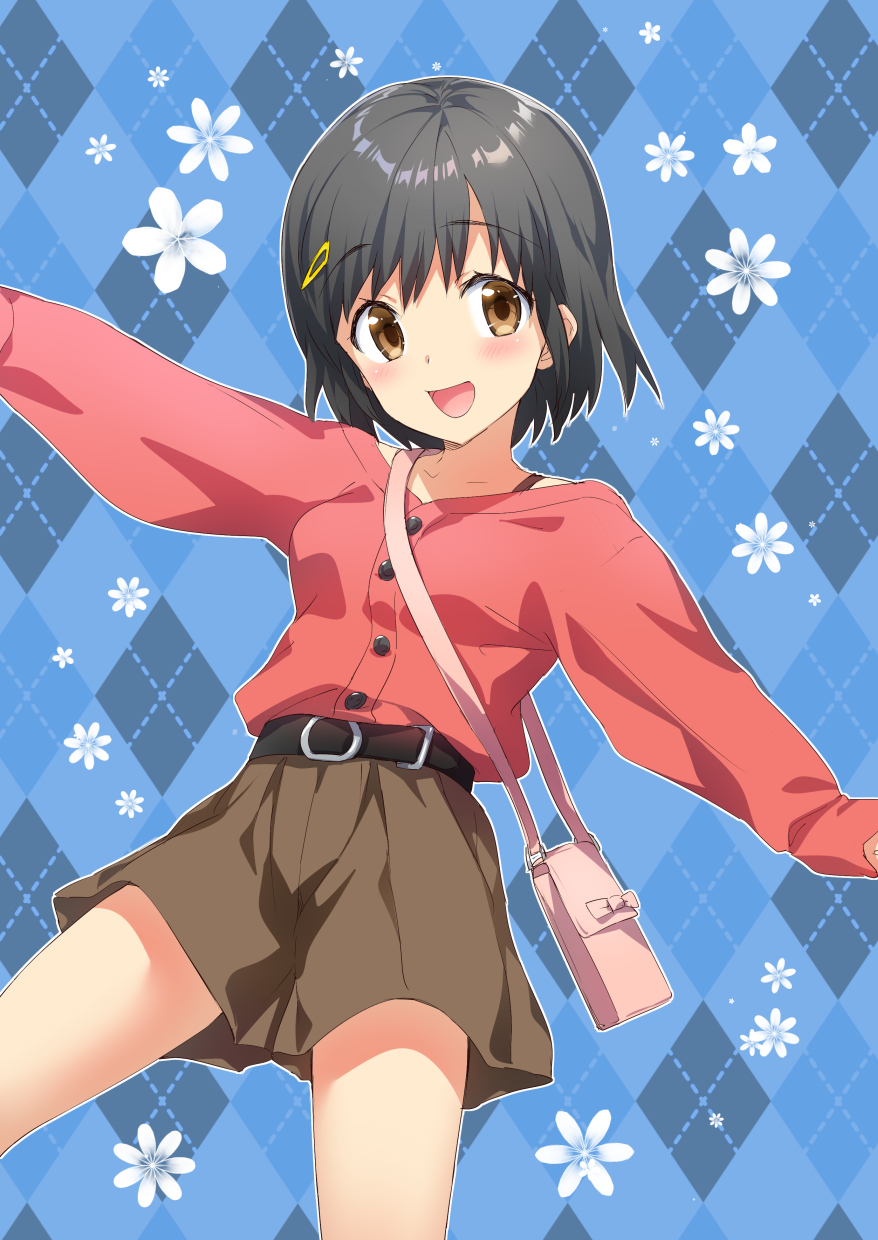 1girl, argyle, argyle_background, bag, bangs, belt, black_belt, black_hair
