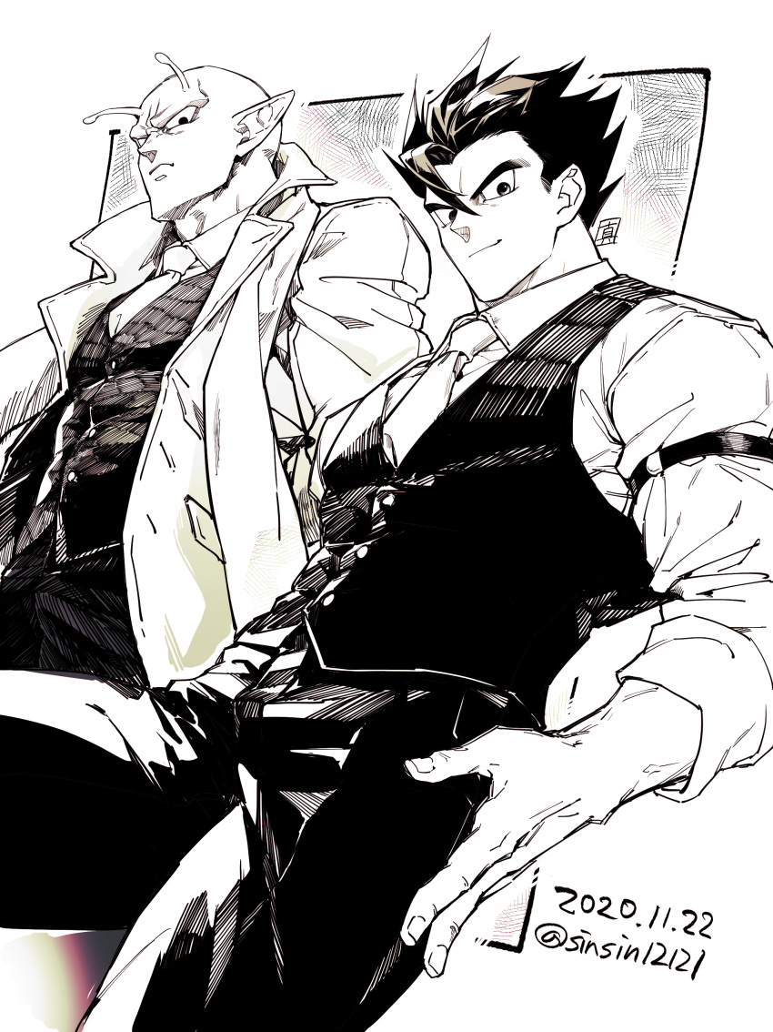 2boys, absurdres, alternate_costume, closed_mouth, dated, dragon_ball, dragon_ball_z, formal