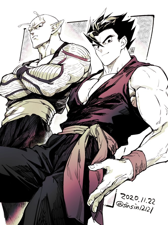 2boys, abs, closed_mouth, crossed_arms, dated, dougi, dragon_ball, dragon_ball_z, from_below, limited_palette, looking_at_viewer, male_focus, multiple_boys, muscular, muscular_male, pectorals, piccolo, pointy_ears, sash, shin_(sinsin12121), signature, simple_background, smile, son_gohan, twitter_username