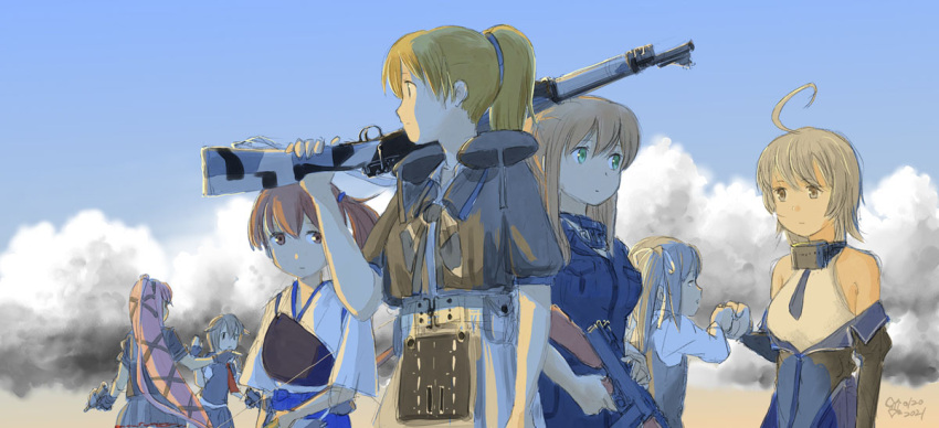 6+girls, ahoge, bangs, black_shirt, bow_(weapon), breast_pocket, brown_hair, closed_mouth