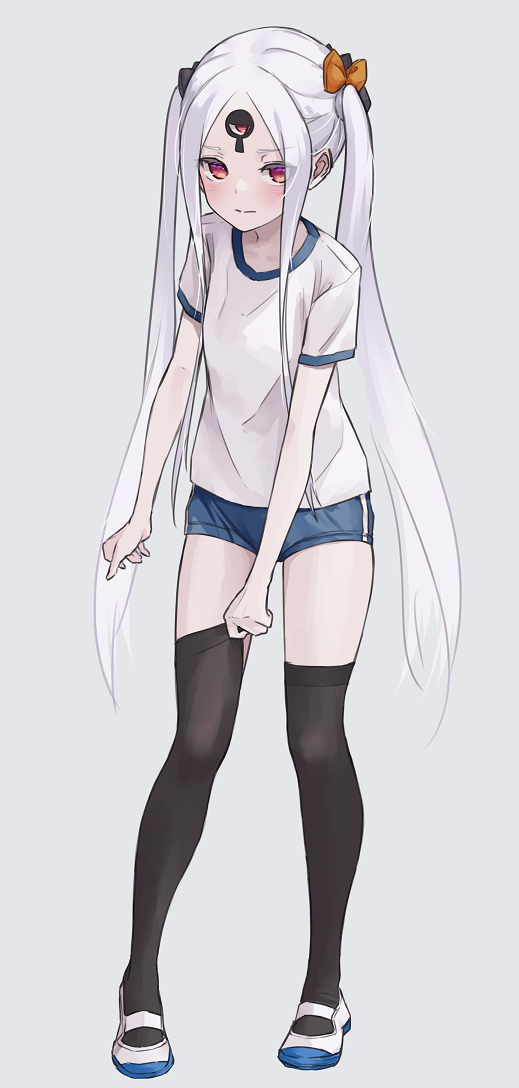 1girl, abigail_williams_(fate/grand_order), bangs, black_bow, black_legwear, blue_buruma, bow, breasts