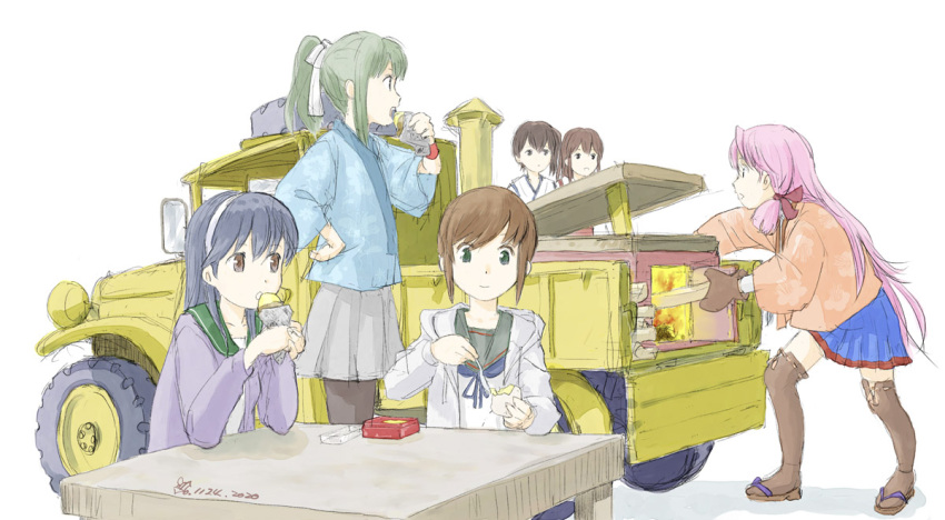 6+girls, akagi_(kantai_collection), akashi_(kantai_collection), bangs, black_legwear, blue_hair, brown_hair, curvadosdunas
