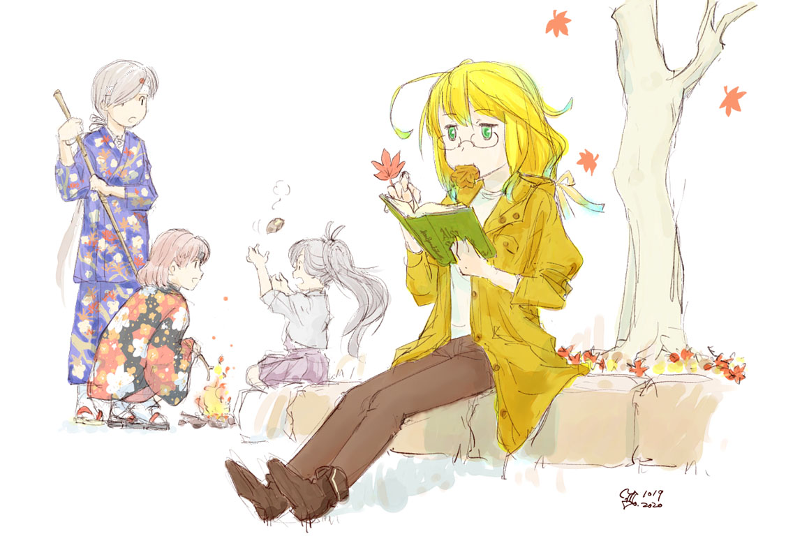 4girls, asashimo_(kantai_collection), bangs, blonde_hair, book, brown_hair, campfire, chitose_(kantai_collection)
