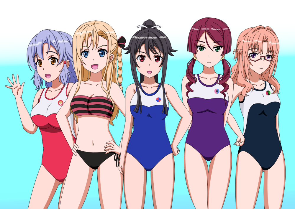 5girls, bikini, black_hair, blonde_hair, blue_background, blue_eyes, glasses, green_eyes
