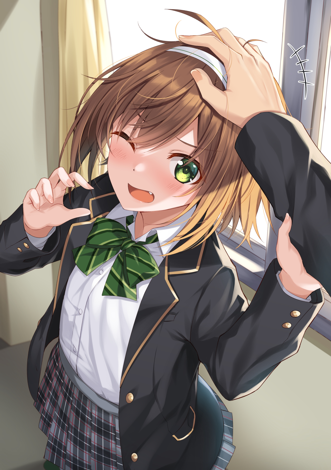 1boy, 1girl, blazer, blush, bow, bowtie, brown_hair, collared_shirt