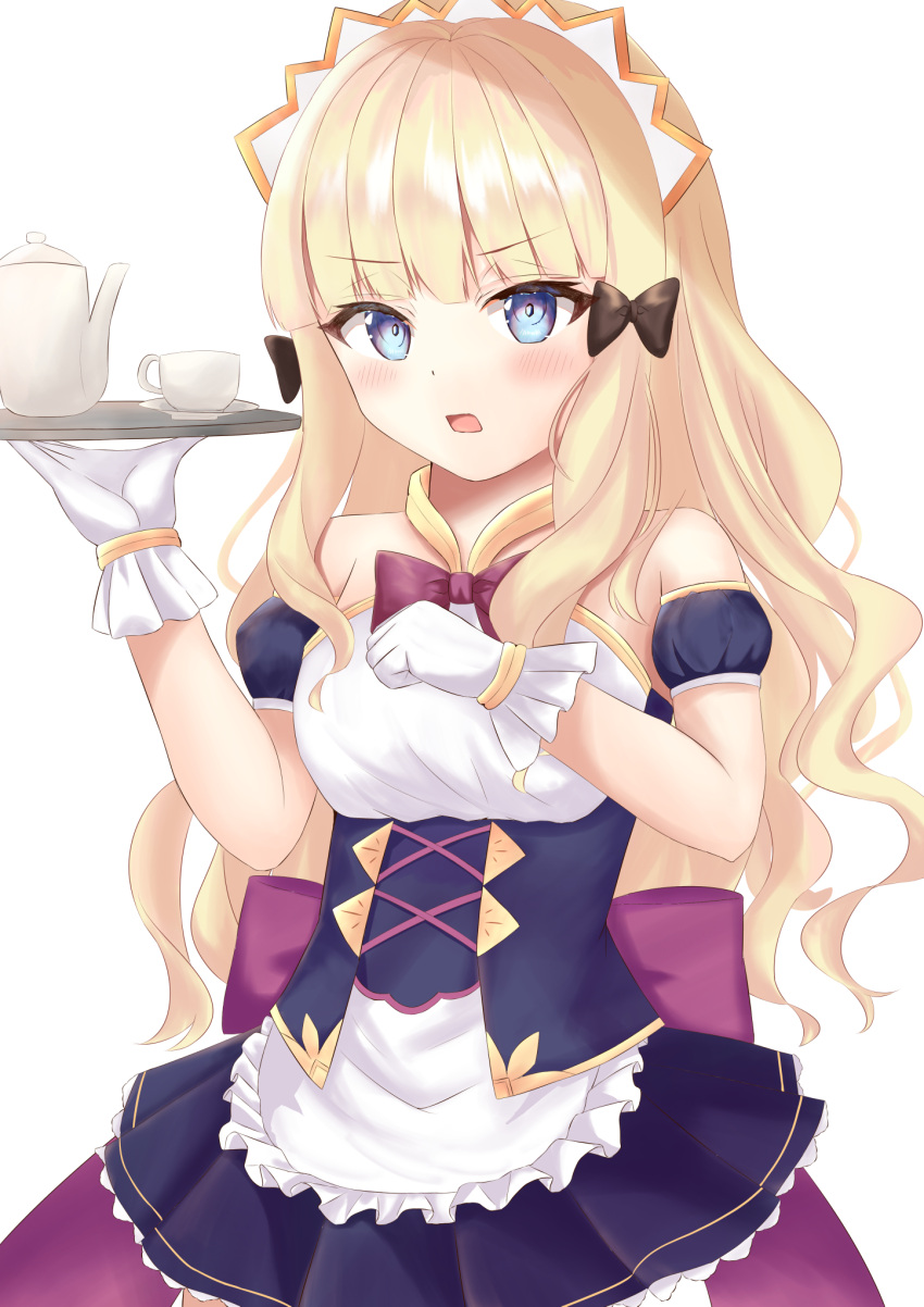 1girl, bangs, black_bow, blonde_hair, blue_eyes, blush, bow, breasts