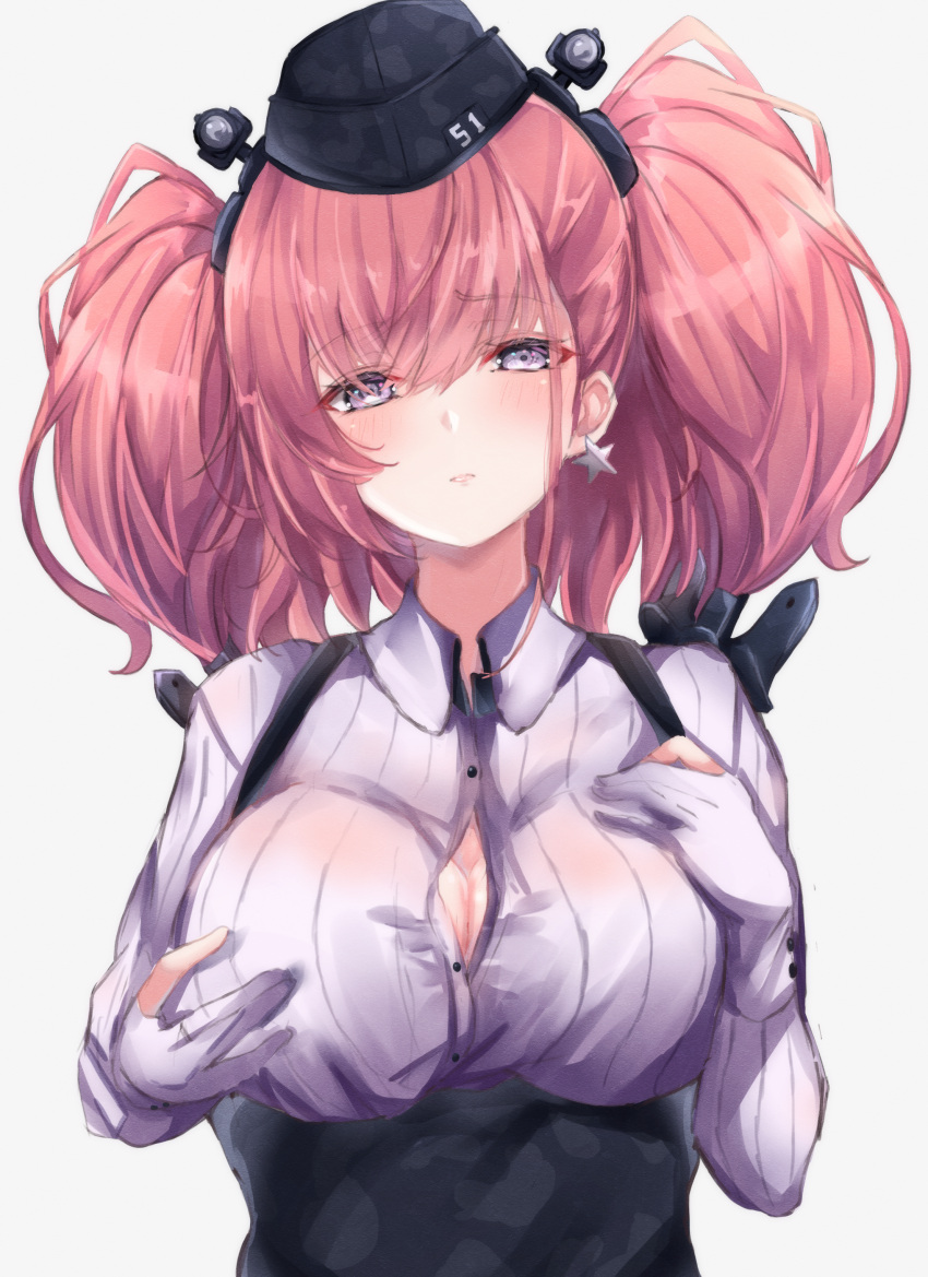 1girl, absurdres, anchor_hair_ornament, atlanta_(kantai_collection), black_headwear, black_skirt, breasts, brown_hair