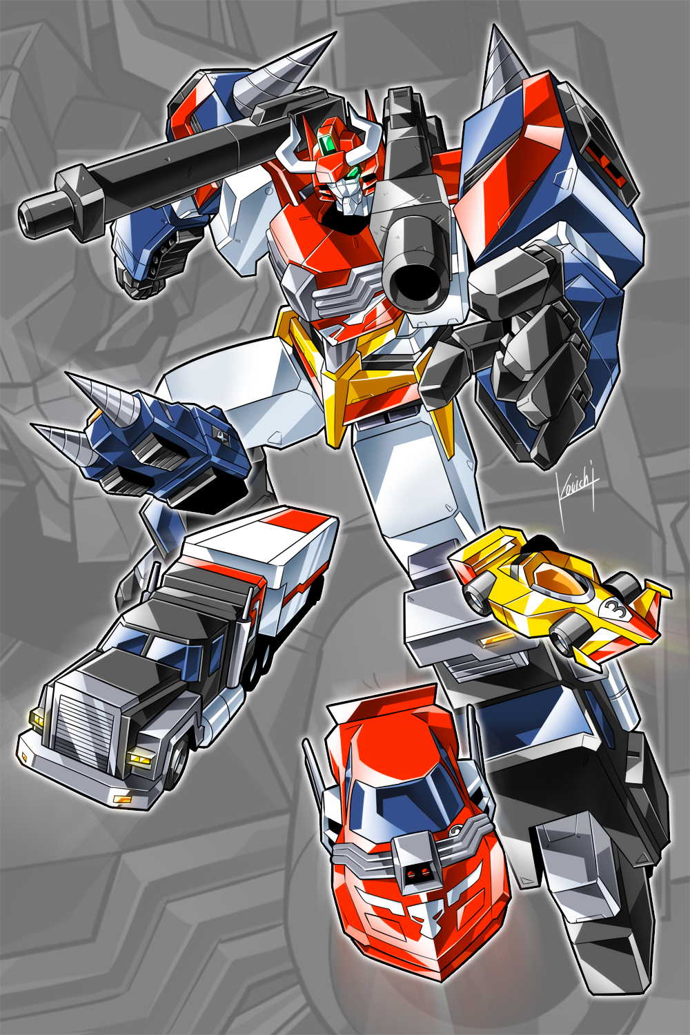 artist_name, big_lander, car, clenched_hand, densetsu_no_yuusha_da-garn, drill, drill_lander, ground_vehicle