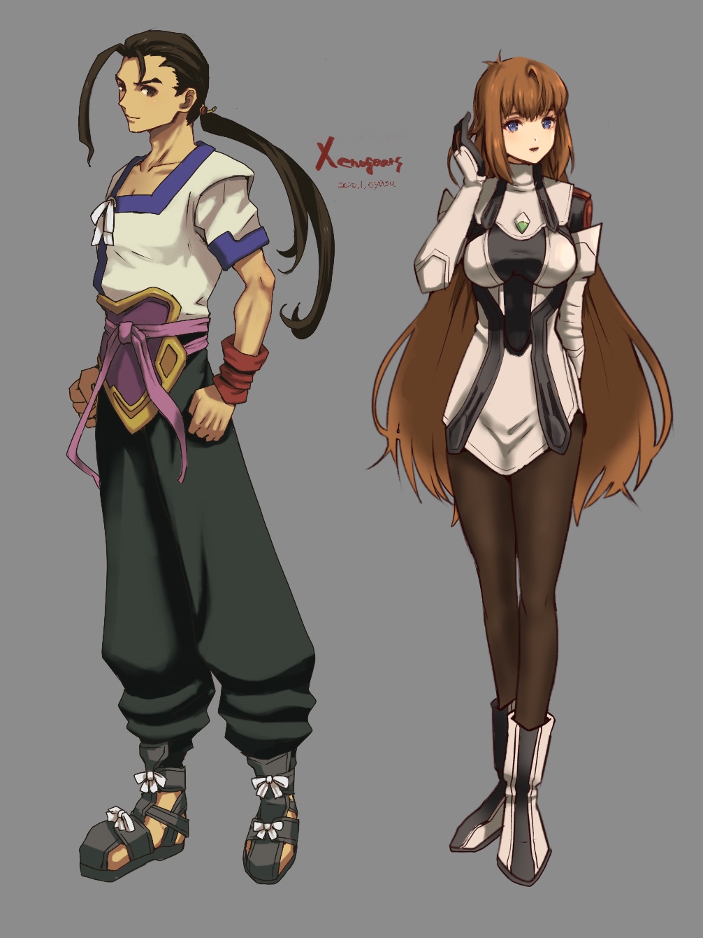 1boy, 1girl, arm_behind_back, bangs, black_gloves, black_hair, blue_eyes, brown_hair