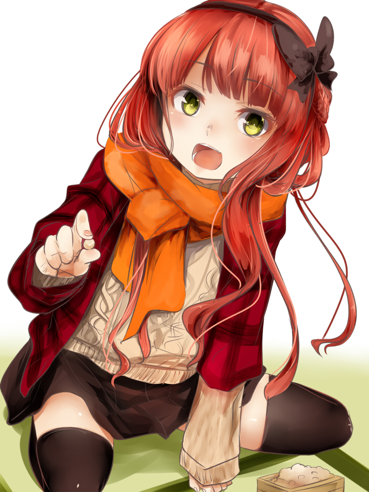 1girl, akino_shuu, alternate_costume, beans, de_ruyter_(kantai_collection), eyebrows_visible_through_hair, food, green_eyes, holding, holding_food, kantai_collection, long_hair, long_sleeves, masu, open_mouth, orange_scarf, redhead, scarf, simple_background, smile, solo, sweater, white_background